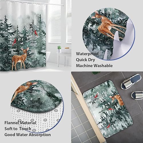 Miniatura 4 de Juego de 4 cortinas de ducha de invierno de Navidad con alfombras, bosque nevado y país de las maravillas, juego de baño con ciervos, decoración de