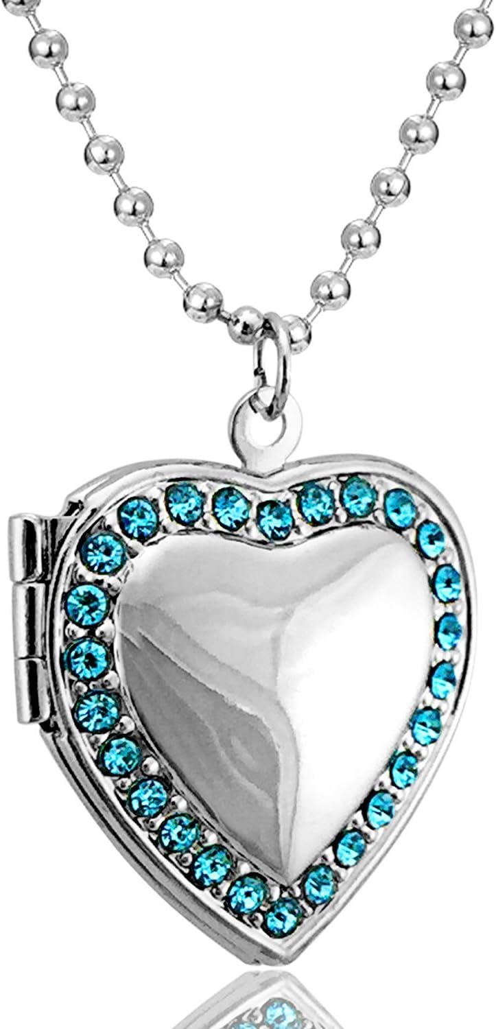 Blue CZ Birthstone Photo Locket Love Heart Locket Necklace Pendant Charm Living Memory Locket Gold Plated