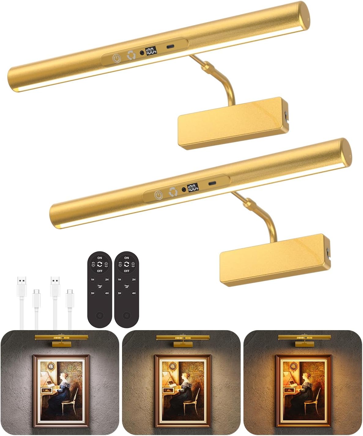 Skairipa 13" Rechargeable Picture Light for Wall with Remote, Gold 2-Pack