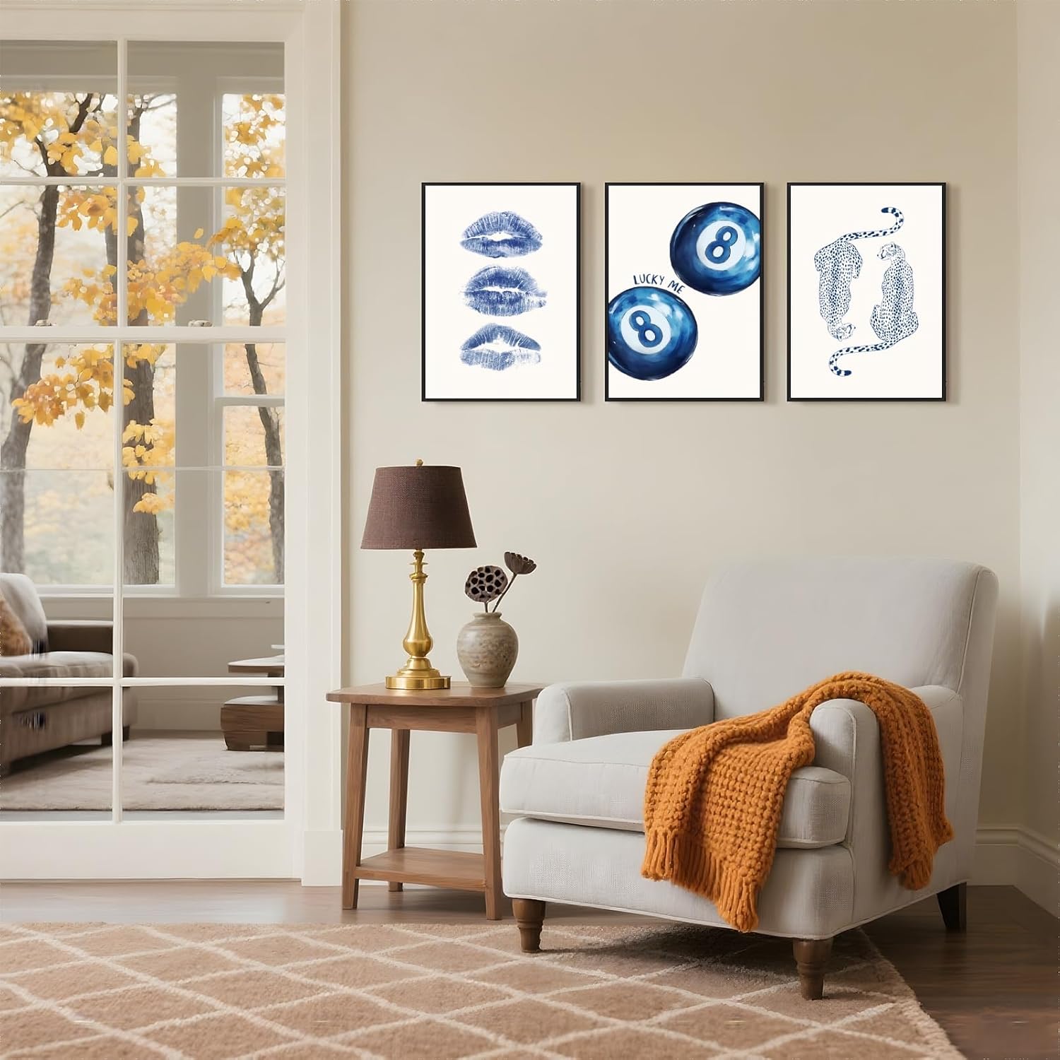 Framed Navy Cheetah Canvas Wall Art Set Retro 8 Ball Poster Blue Leopard Kiss Lips Print Trendy Preppy Aesthetic Dorm Room Decor Funky Blue Painting Picture for Apartment Bedroom 8x12inch