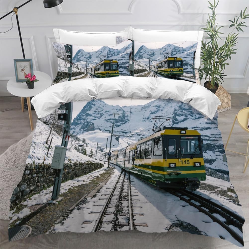 Funda Nordica Cama 180 Tren Funda Nórdica 260x240 Montaña Nevada De Invierno Ropa de Cama de 3 Piezas Microfibra Funda Edredon 240x260cm y 2 Fundas de Almohada C2778
