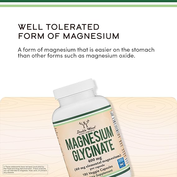 Magnesium Glycinate 400mg | 180 Capsules | Sleep, Muscle, Heart Support | Vegan, Third Party Tested, Gluten Free, Non-GMO, by Double Wood Supplements