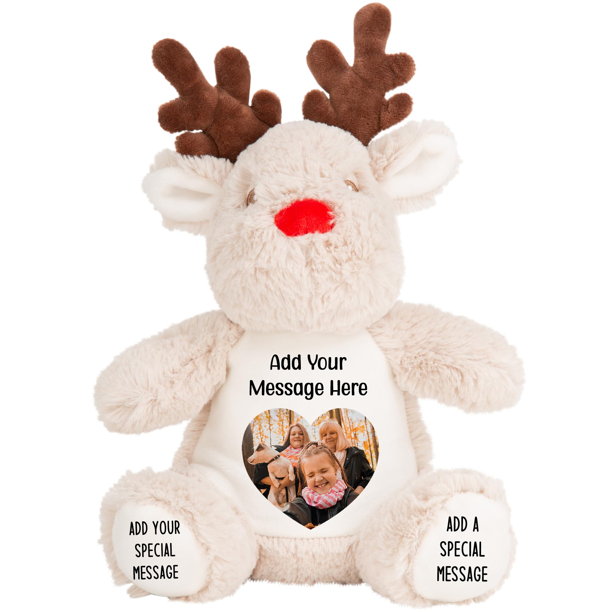 Personalised Photo Teddy Bear – Add Photo on Front & Text on Feet | 28 Styles | Custom Keepsake Gift for Baby, Sympathy, Birthday & More (Brown Reindeer Teddy Bear)