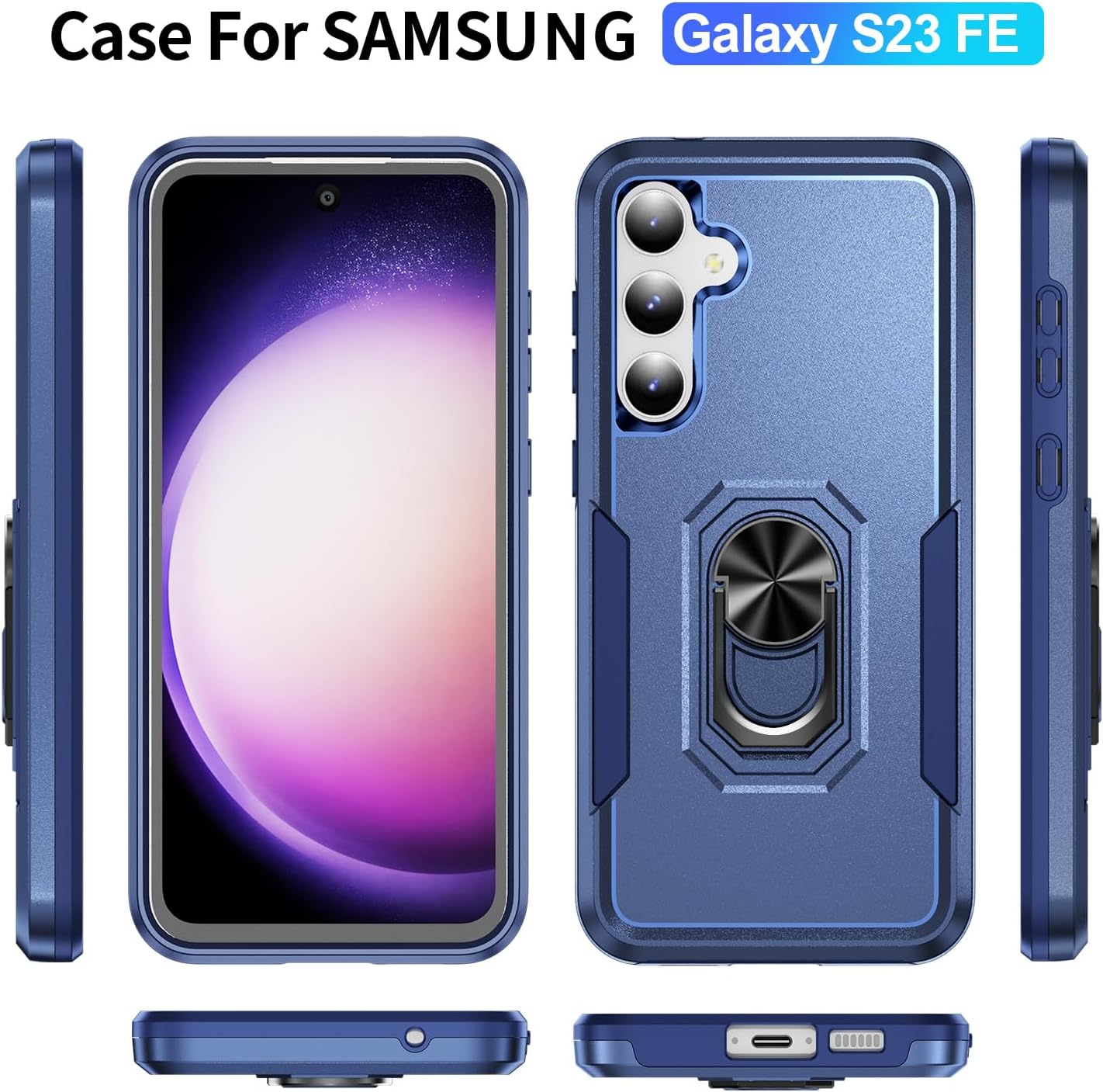 for Samsung Galaxy S23 FE Phone Case, with Rotatable Finger Ring Kickstand, Slim Fit & Drop-Proof, Full-Body Protection Bumper Cover for Samsung Galaxy S23 FE 5G(2023), Blue