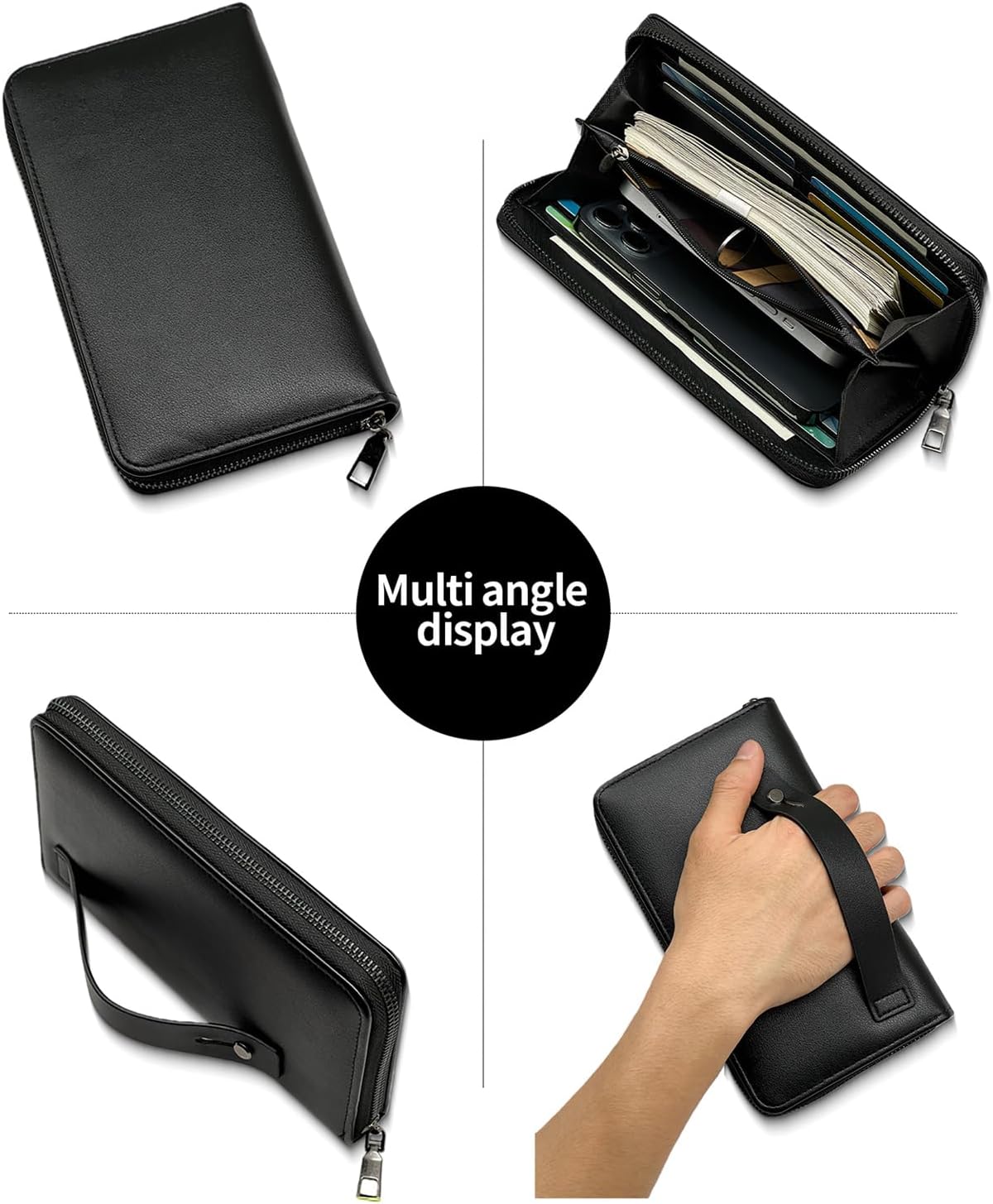 Long Wallet for Men, PU Leather Zipper Wallet with Wrist Strap, Large Capacity Travel Men Clutch Bag for Passport Checkbook Phone
