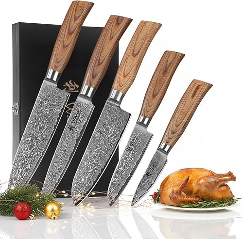 Wakoli EDIB Pro Damascus - Juego de cuchillos de cocina de 5 piezas, cuchillos de cocina de estilo japonés, cuchillas de acero de Damasco genuino