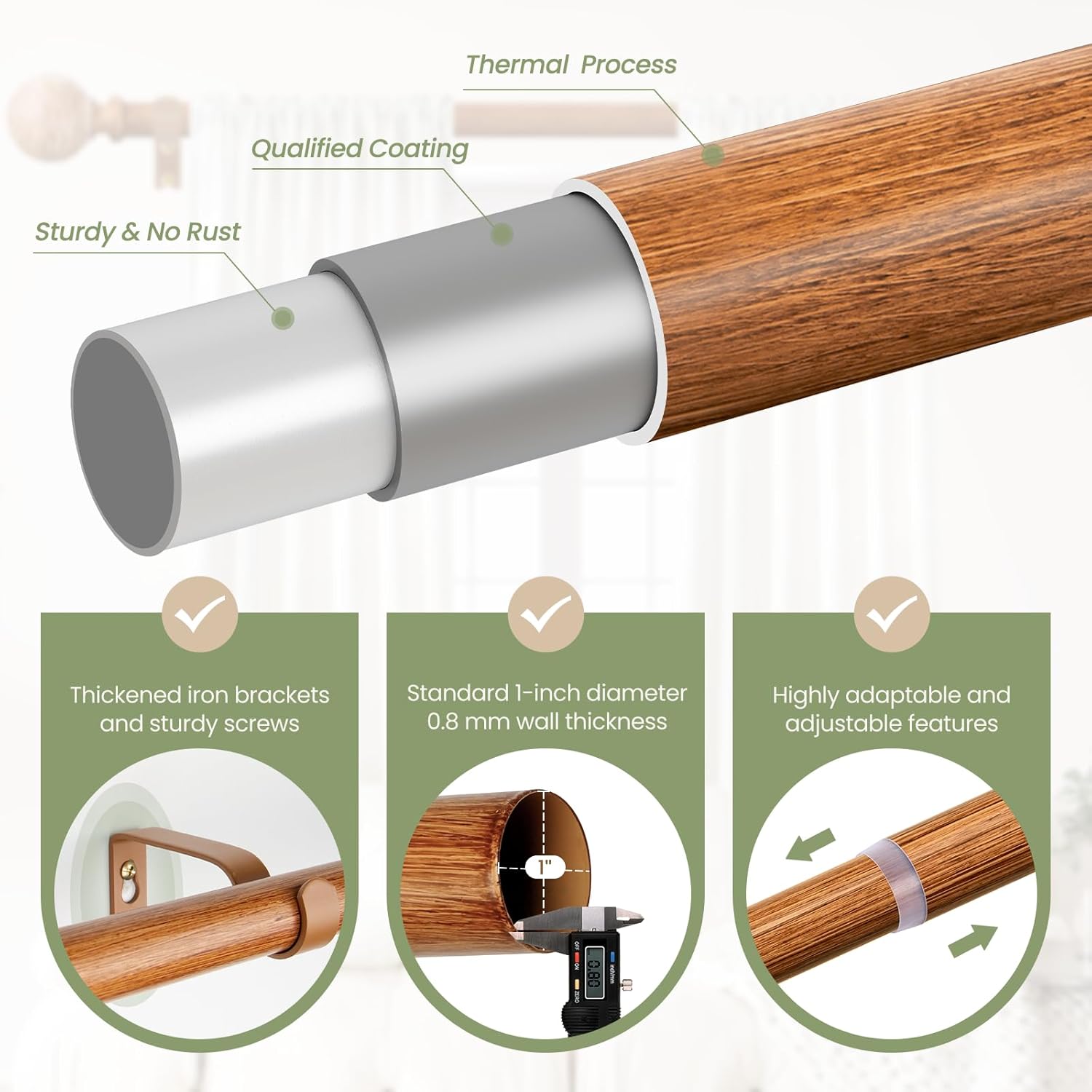 TKZTKZ Boho Wood Curtain Rods for Windows 36-88",1 Inch Heavy Duty Wooden Curtain Rod,Decorative Rustic Farmhouse Drapery Rods for Bedroom Living Room Kitchen Nursery (Iron Rod with Wood Grain Finish)