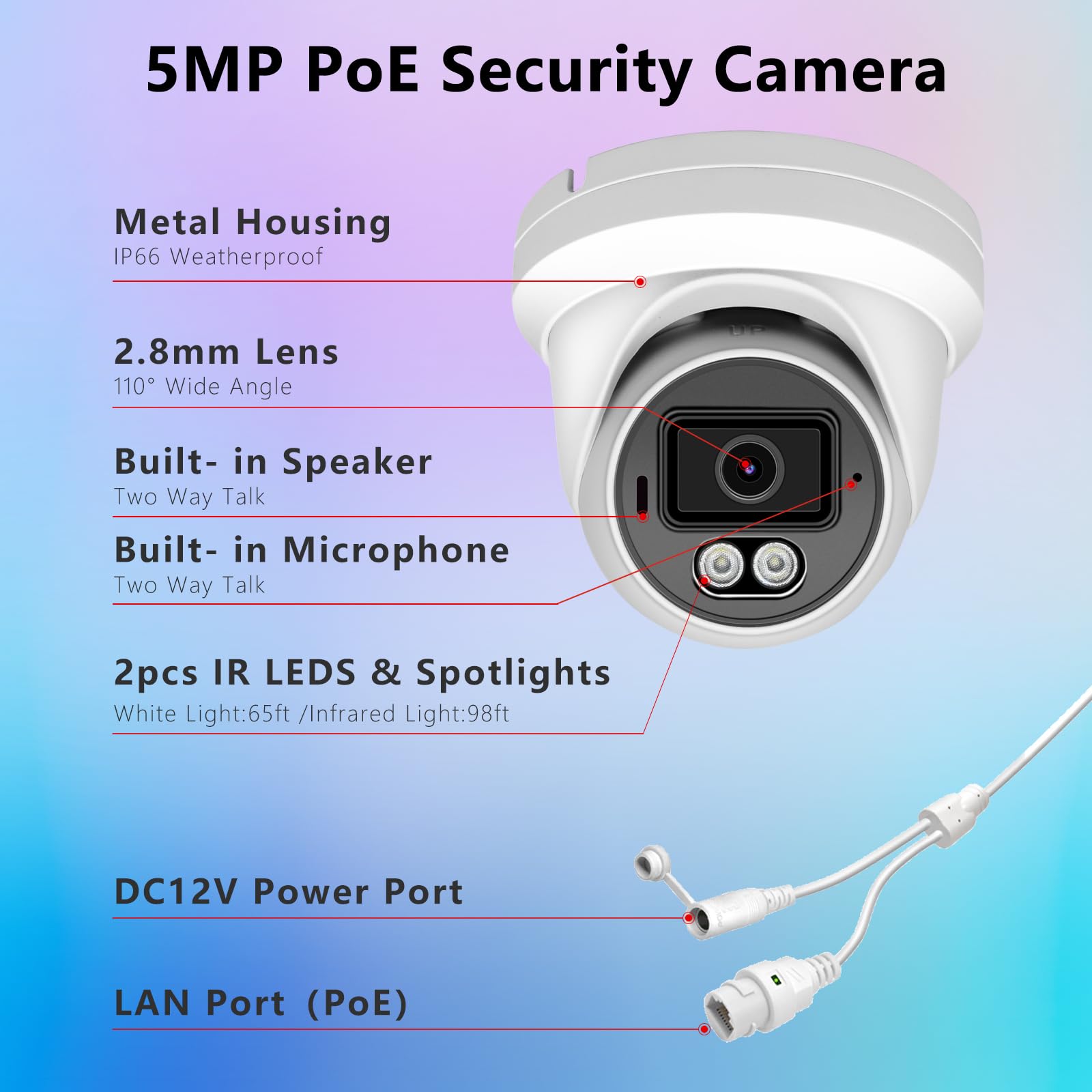 Vonnsion 5MP PoE IP-Turret Dome-Kamera für den Außenbereich, Vollfarb-Sicherheits-IP-Kamera mit intelligentem Dual-Licht, Zwei-Wege-Talk, SD-Kartensteckplatz, 29,9 m Nachtsicht, 110 ° Weitwinkel