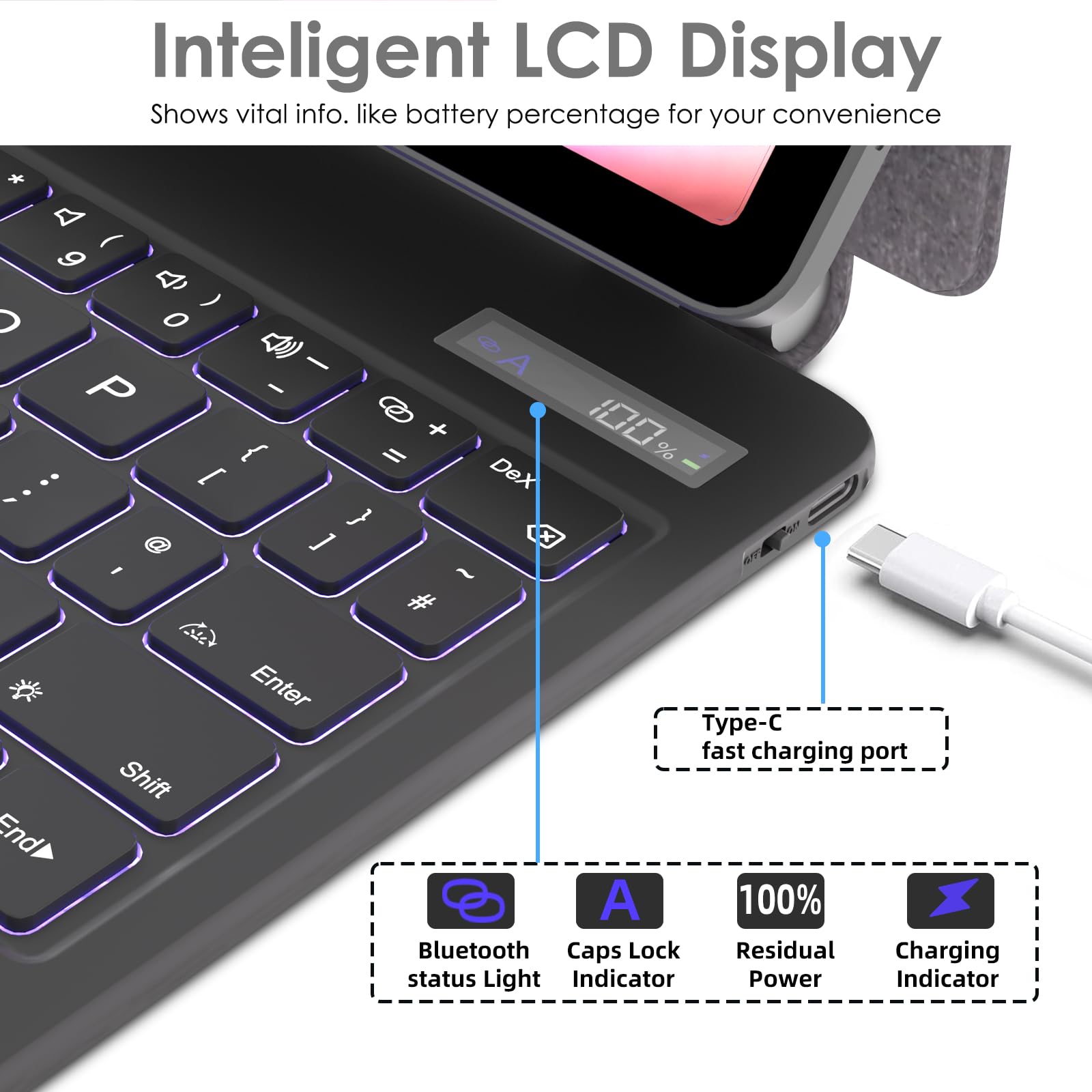 TECHGEAR Funda con teclado para Samsung Galaxy Tab S11 S9 S8 S7 de 11 pulgadas S10 Lite/S9 FE/S10 FE 10.9 pulgadas, soporte flotante magnético, trackpad, retroiluminación de 7 colores, QWERTY del