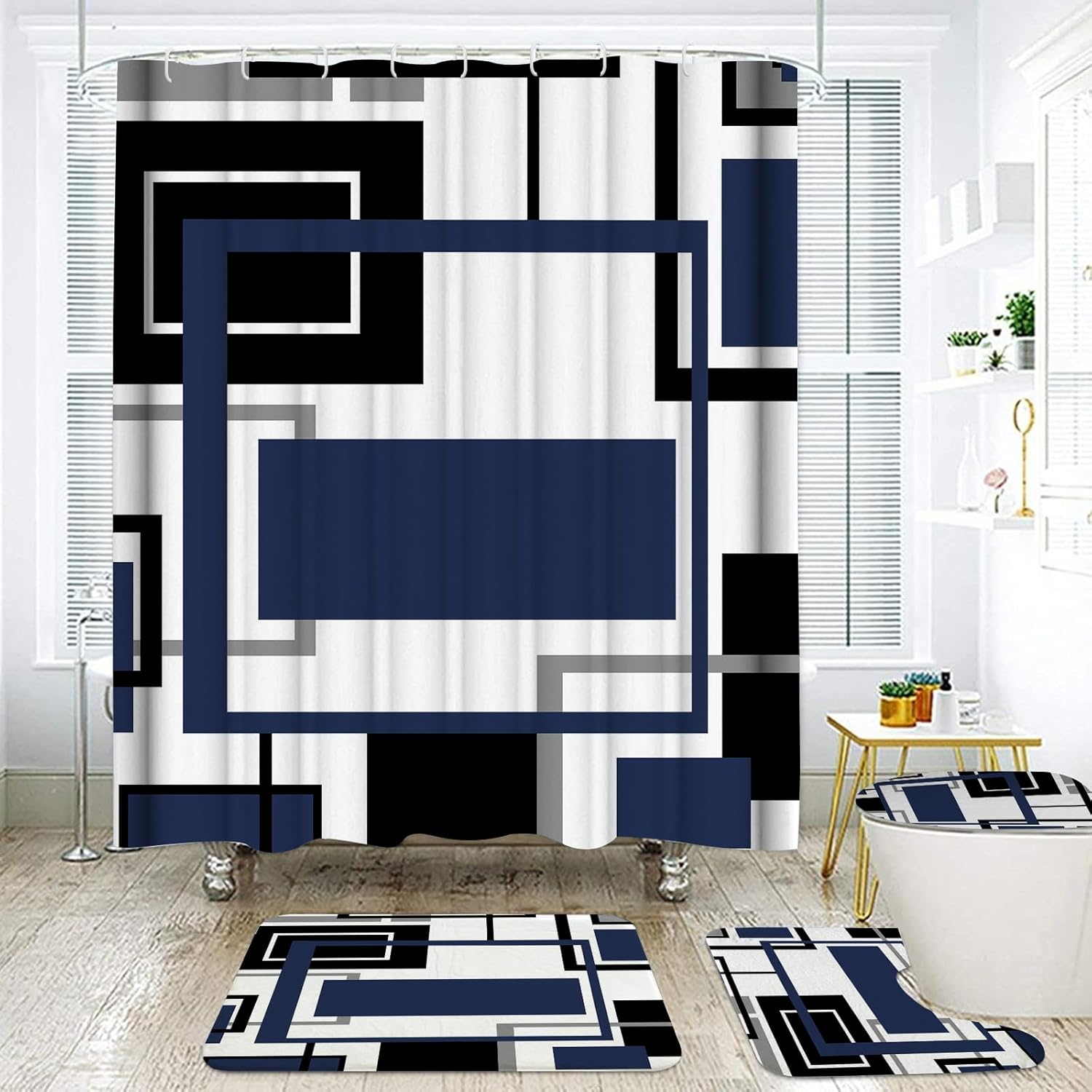 Onalasyc 4Pcs Blue Geometric Shower Curtain with Rugs Set Waterproof Blue Bathroom Sets with Shower Curtain and Rugs Abstract Geometric Modern Bathroom Curtains Shower Set with 12 pcs Hooks