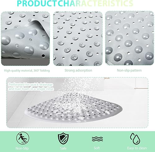 Miniatura 3 de MUNEK Tapete de ducha esquinero antideslizante, 21 x 21 pulgadas, curvado para ducha o bañera, tapete de seguridad con orificio de drenaje, tapete