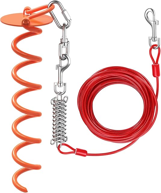 Pawaboo Dog Tie Out Cable and Stake, Rustproof Dog Yard Leash with Stake, Outdoor Ground Spiral Anchor, 360° No Tangle Cable with Swivel Ring for dogs, Sturdy Dog Chain Leash for Camping Yard - Orange
