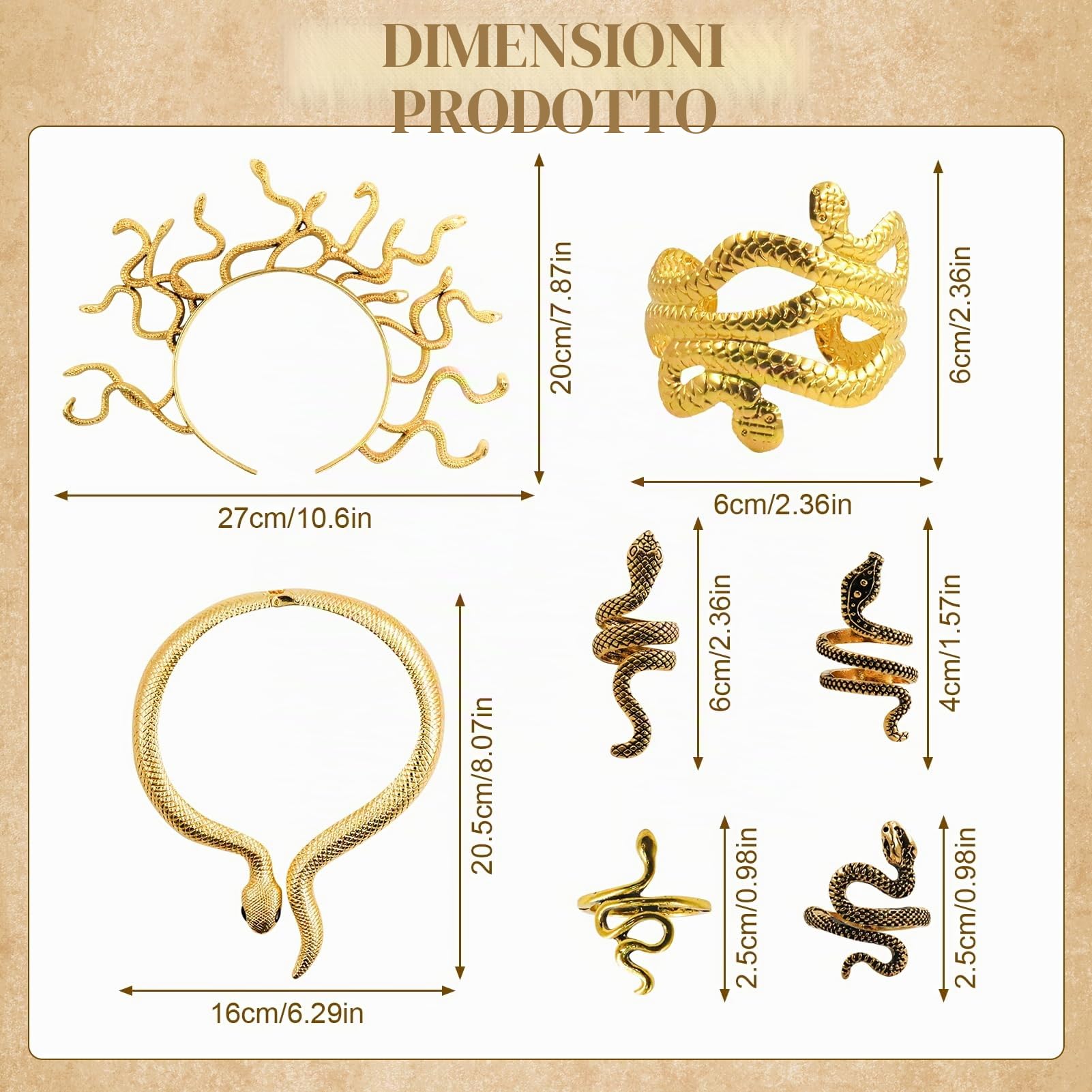 Set Accessori per Costumi Medusa,Cerchietto Serpente,Braccialetti,Anello,ecc,Accessori a Serpente,per Donna Ragazza Carnevale Halloween Cosplay