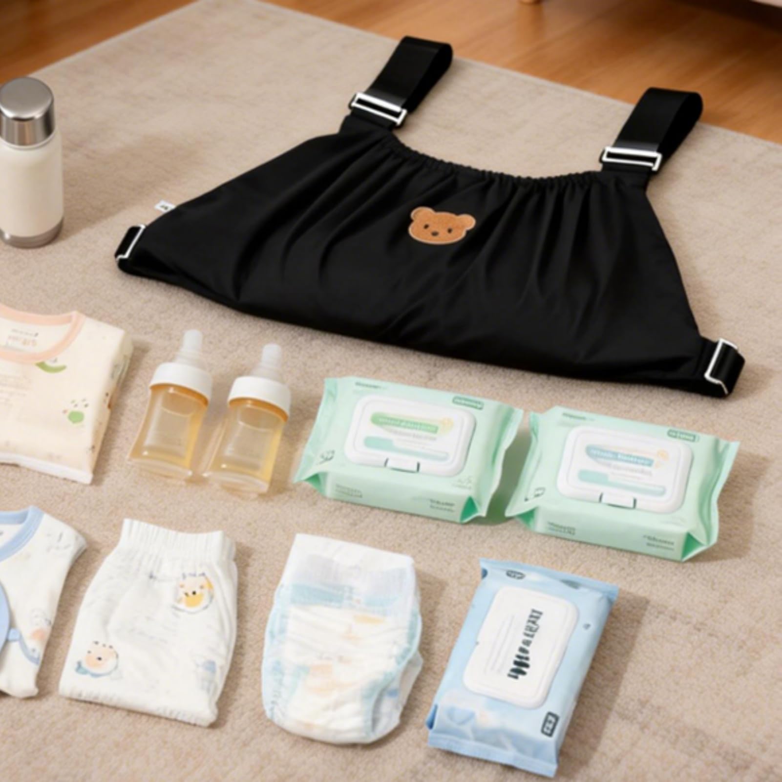 Organizer per borsa per passeggino Borsa per pannolini per bambini riutilizzabile Modello di orso carino Organizzatore universale per passeggino per mamma che allatta Viaggio all'asilo(Nero)