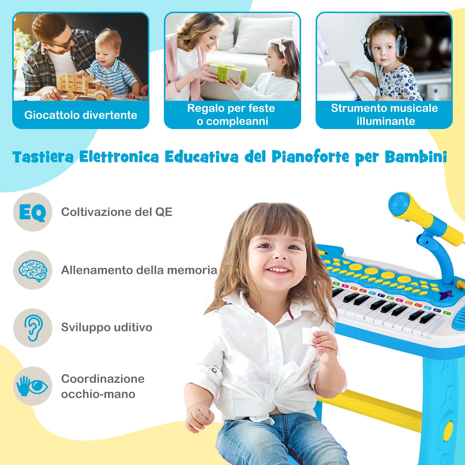 COSTWAY Tastiera Giocattolo a 31 Tasti, Pianoforte Digitale per Bambini, con Microfono Sgabello Luci, Funzioni di Record e Playback, Pianola Bambini con 22 Battiti/8 Toni/7 Ritmi, per 3+ Anni (Blu)