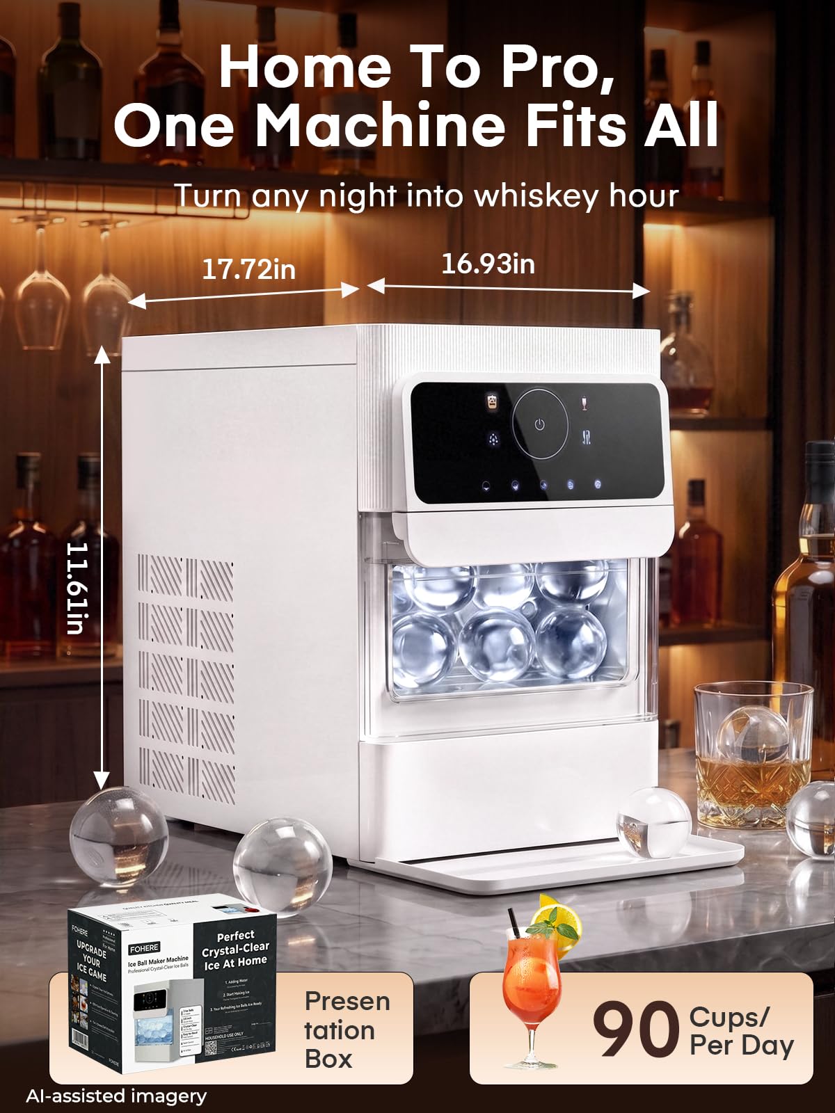 Máquina de Hielo en Esferas, 3 Pzas Esferas de Hielo Extra Grandes de 2.5" Transparentes y sin Grietas en 45 Min, Panel Táctil LCD & Autolimpieza para Cóctel Whiskey Bourbon
