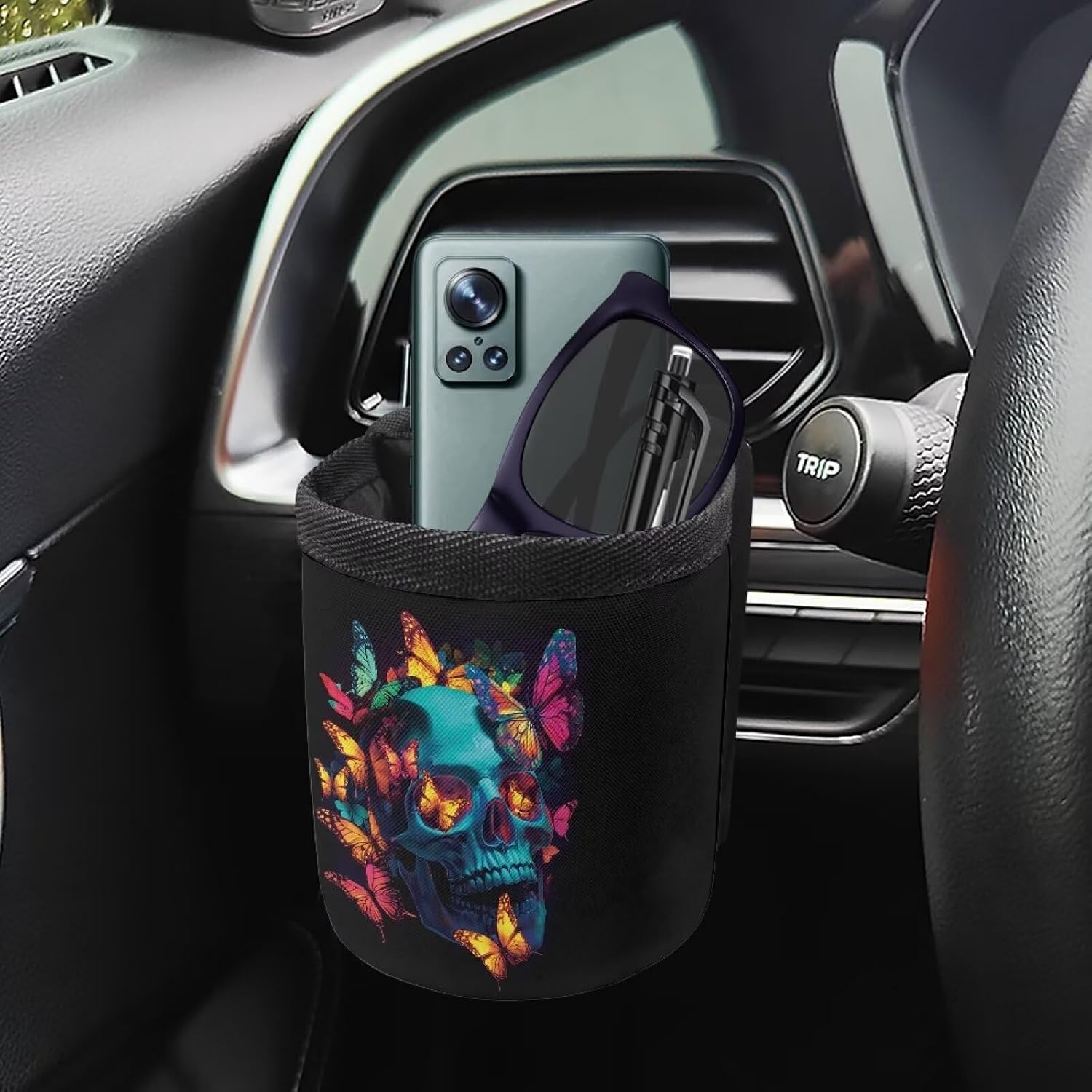 Skull and Butterfly Print Car Air Vent Storage Bag Car Mount Phone Holder Car Accessories Organizer Pocket, Sunglass Holder Coin Key Card Case Organizer with Hook