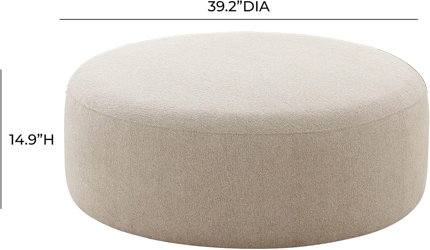 Pemberly Row Beige Upholstered Ottoman, 39.2" W x 39.2" D x 14.9" H, Fabric and Wood, Contemporary Curved Design, Handmade Living Room Accent or Modern Seating Piece