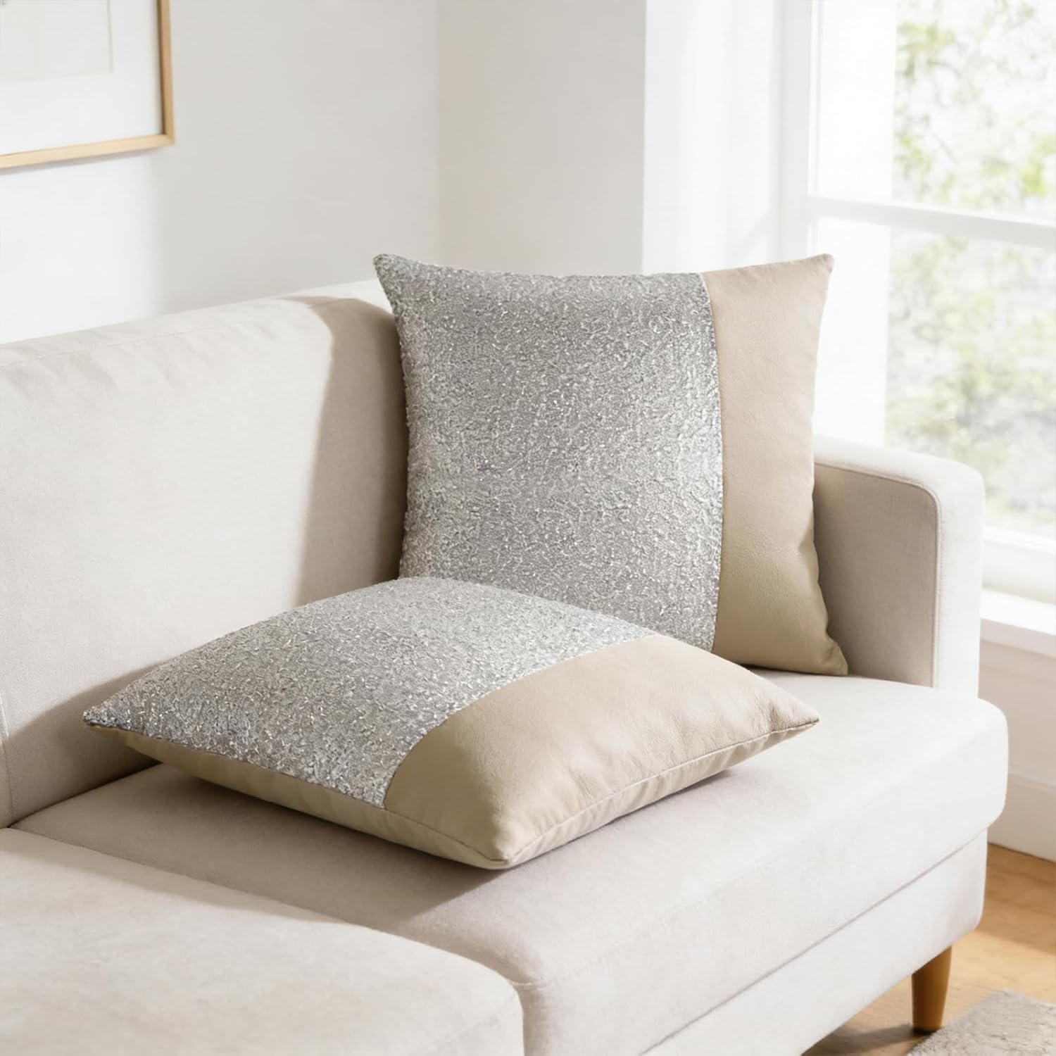 Faux Leather Fluffy Boucle Throw Pillow Covers 18X18 Inch Set of 2 Oatmeal Outdoor Modern Farmhouse Solid Decorative Pillow Covers for Room Couch Living Bedroom Bed Sofa - Image 5