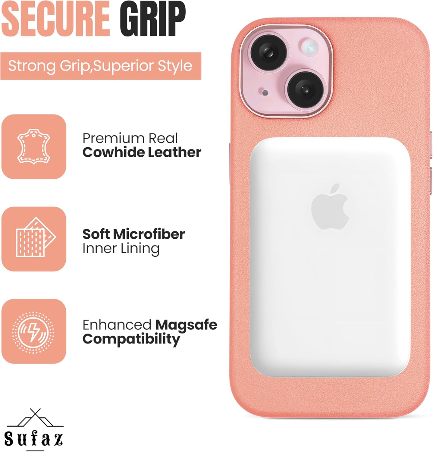 Genuine Leather Case for iPhone 15 – MagSafe Compatible - Wireless Charging - Full-Grain Leather - Slim Fit - Shock-Resistant –Pink