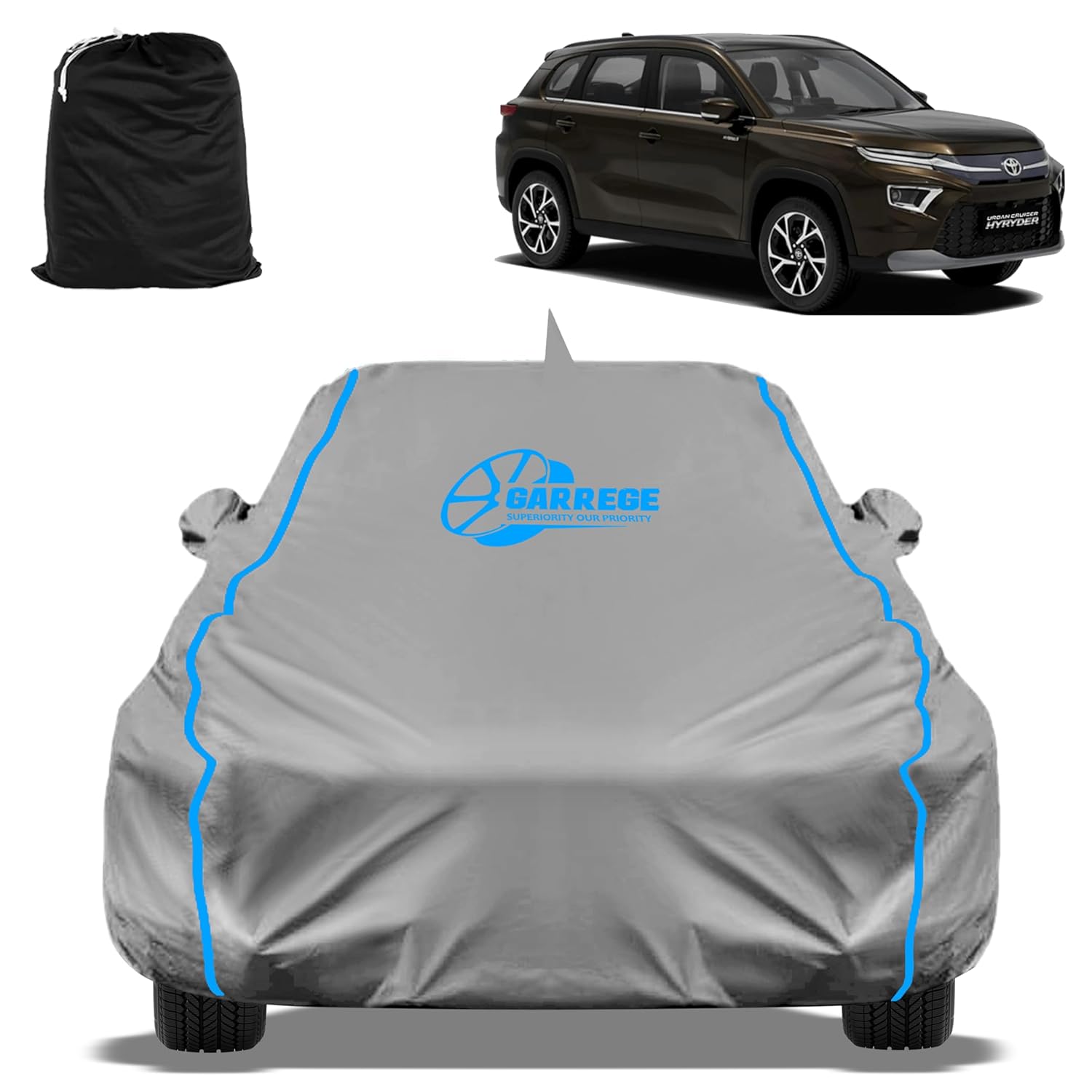 GARREGE Waterproof Car Body Cover Compatible with Toyota Hyryder V Hybrid Mirror and Antenna Pocket, Triple Stitched (Heat