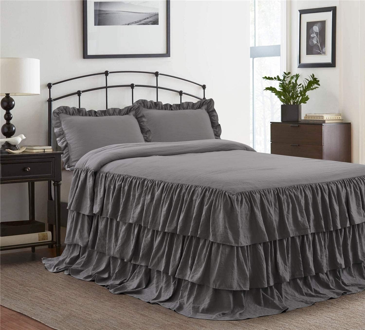 HIG 3 Piece Ruffle Skirt Bedspread Set Queen - Gray Color 30 inches Drop Ruffled Style Bed Skirt Coverlets Bedspreads Dust Ruffles - ECHO Bedding Collections Queen Size - 1 Bedspread, 2 Standard Shams