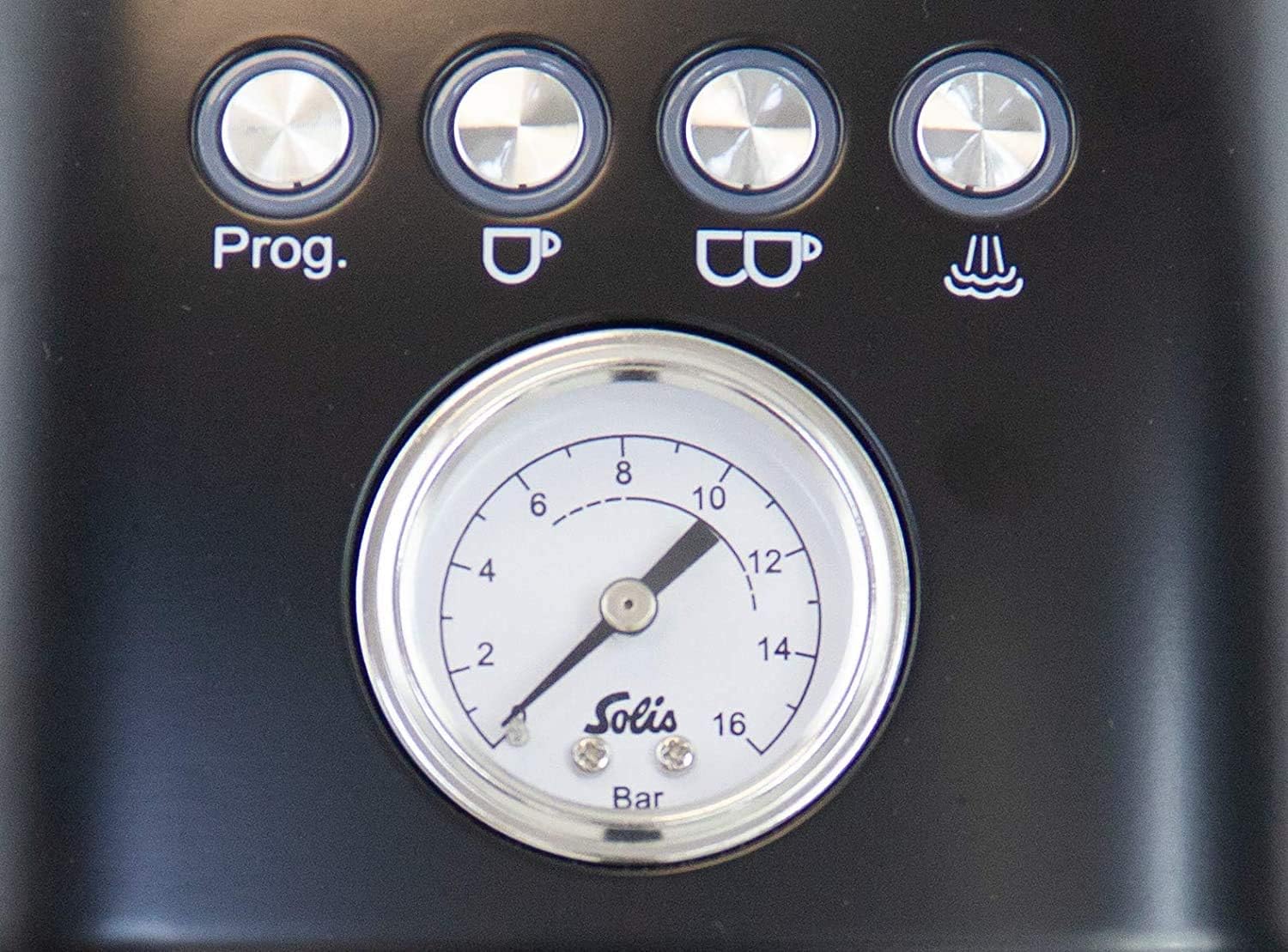 Close-up of Solis Barista Perfetta Plus control panel and pressure gauge