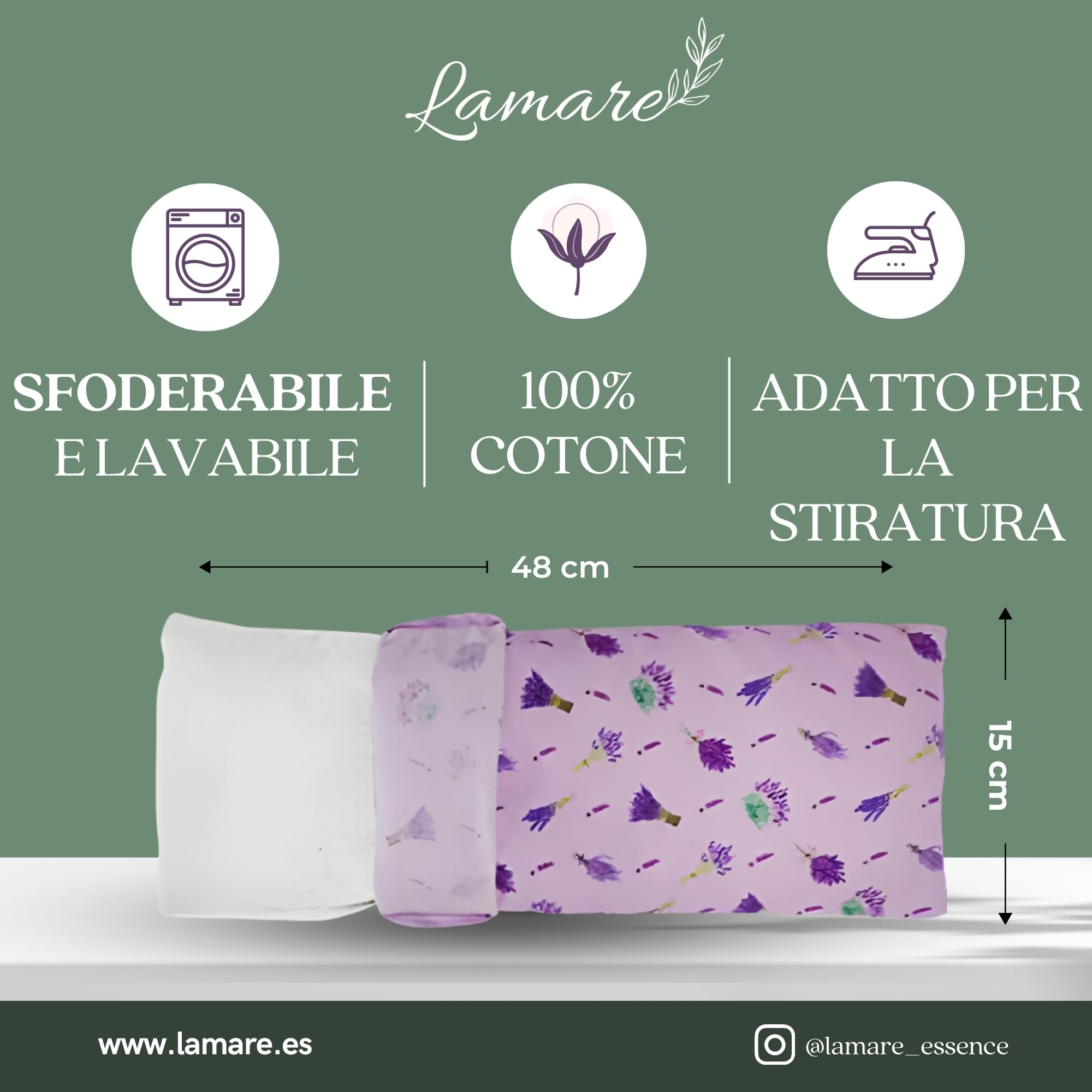Lamare - Cuscino termico con semi di grano ecologico e lavanda, 48 x 15 cm, rivestimento lavabile 100% cotone, per cervicale e coliche, terapie a freddo e caldo, Lavanda stampata