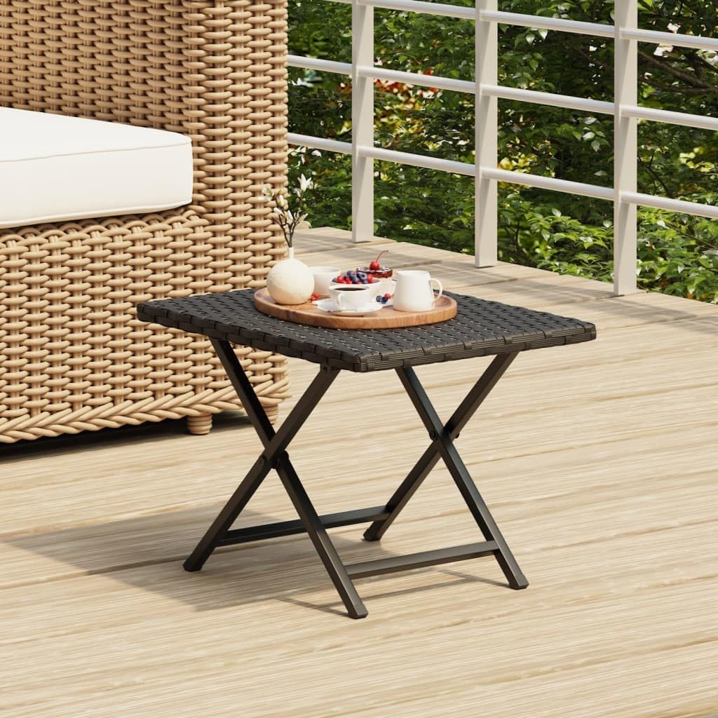 Folding Coffee Table Black PE Rattan with Powder-Coated Steel Frame Compact Outdoor Patio Table for Small Spaces and Cozy Coffee Catch-ups