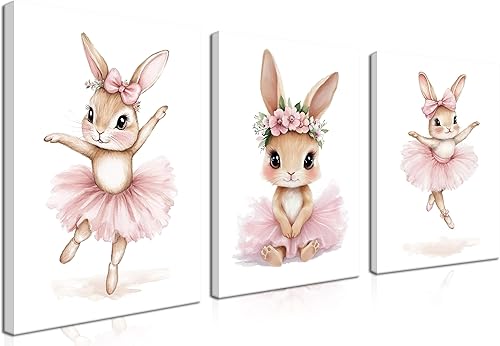 Juego de 3 pinturas artísticas en lienzo para habitación del bebé niña, juego de 3, bonitos pósteres de conejito rosa con estampado de animales para