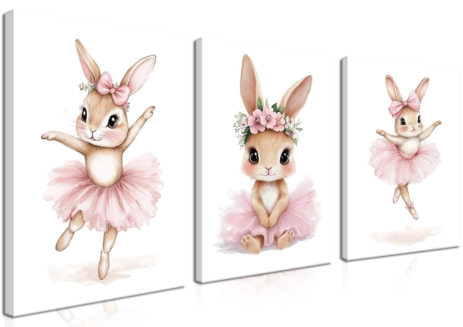 Baby Girl Nursery Wall Decor Easter Nursery Canvas Wall Art Paintings Set of 3 Cute Animal Pink Bunny