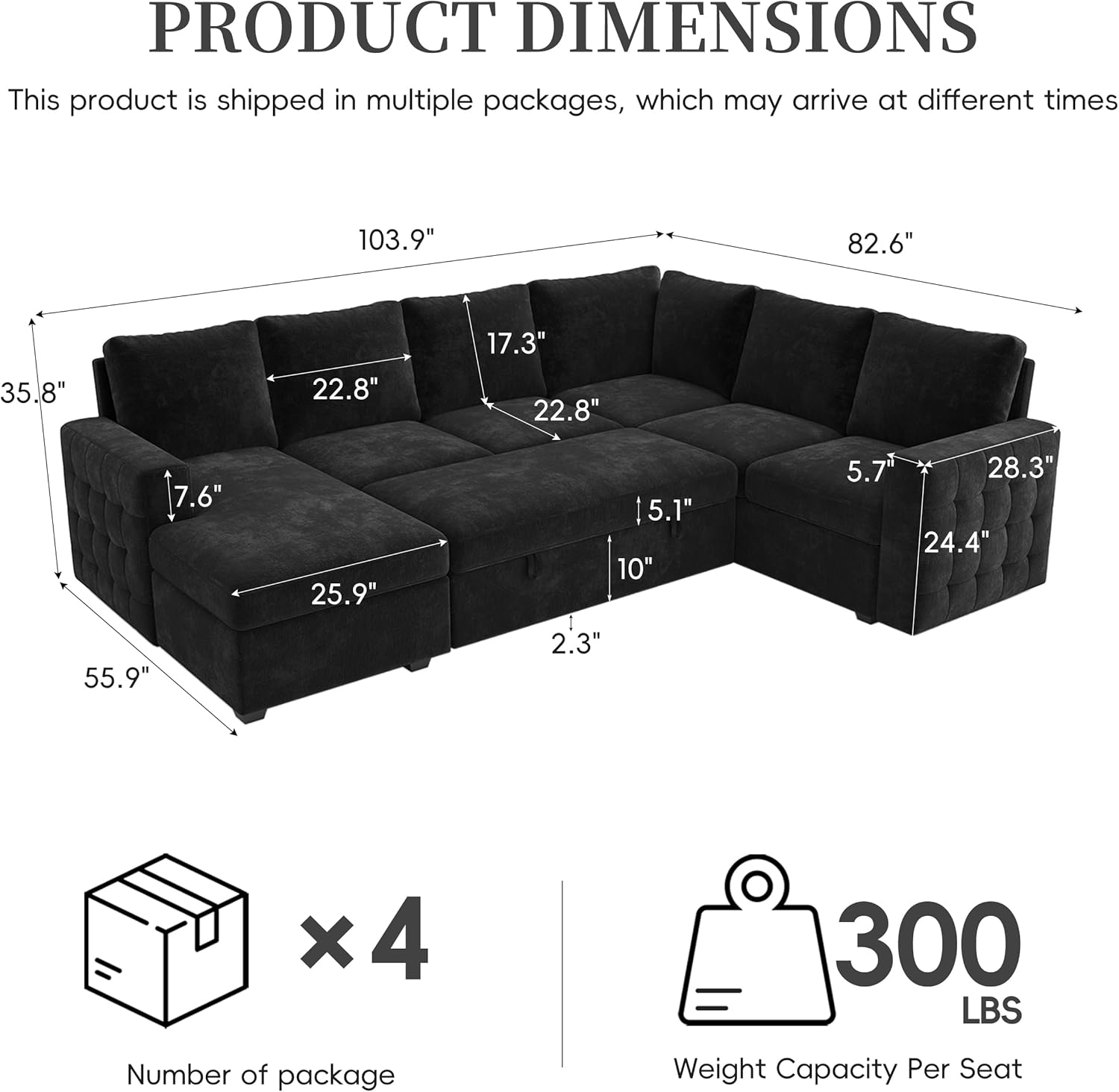104" Sectional Sleeper Sofa Bed, Pull Out Couch with Storage, Modular Cloud Sofa with Chaise, 7 Seat U Shaped Sectional Couches for Living Room& Apartment, Convertible Sofas, Black Couch