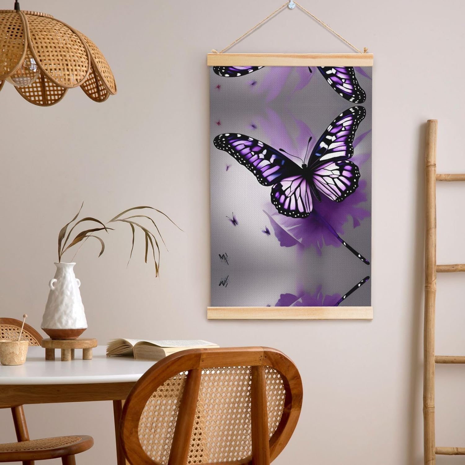 Beautiful Purple Butterfly Art Print Poster Hanger,Hanging Poster, Poster Frame,Wood Poster Hanger, For Wall Hanging