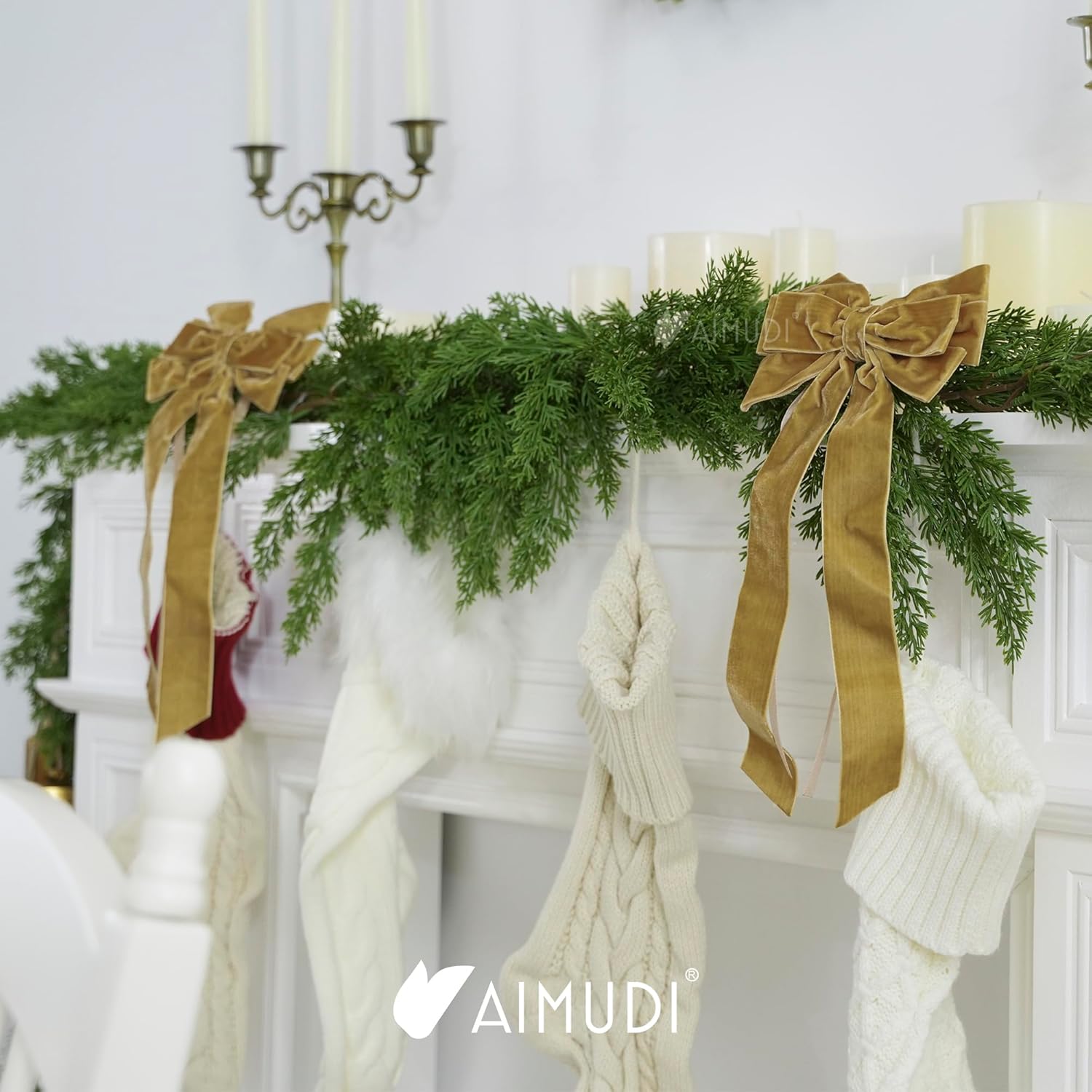 AIMUDI Khaki Velvet Bows - 6.5" x 15" Christmas Bows for Gift Wrapping, Tree, Wreath, Garland, Staircase, Home & Outdoor Decorations - 2 PCs - Image 6