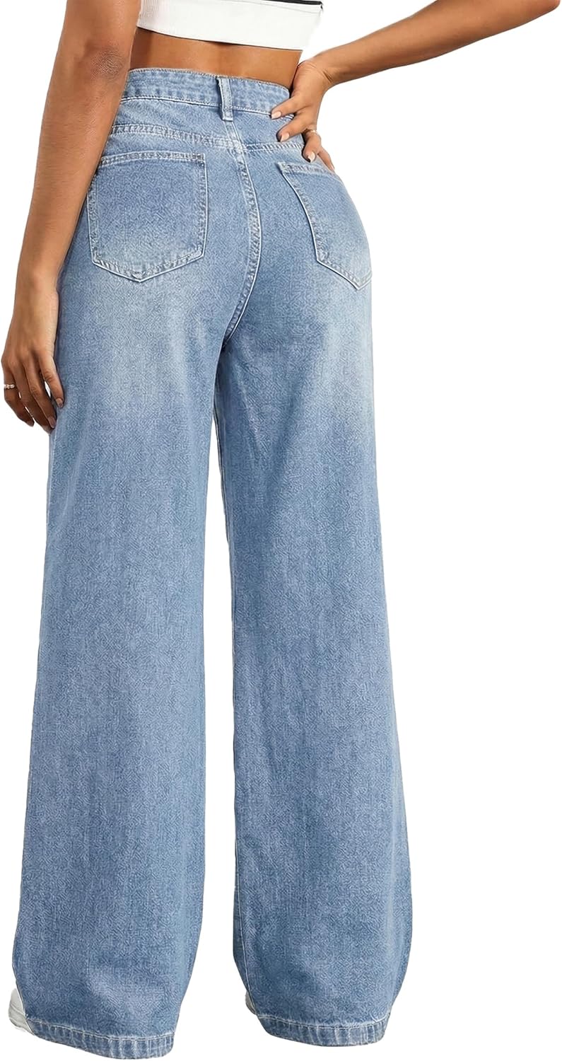 EMMIOL Women's Wide Leg Baggy Jeans Mid Rise Butt Lifting Stretchy Denim Pants 2026 BBL Boyfriend Back Patchwork Jeans