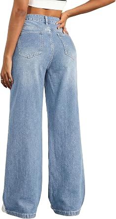 EMMIOL Wide Leg Baggy Jeans for Women Mid High Waisted Stretchy Denim Pants