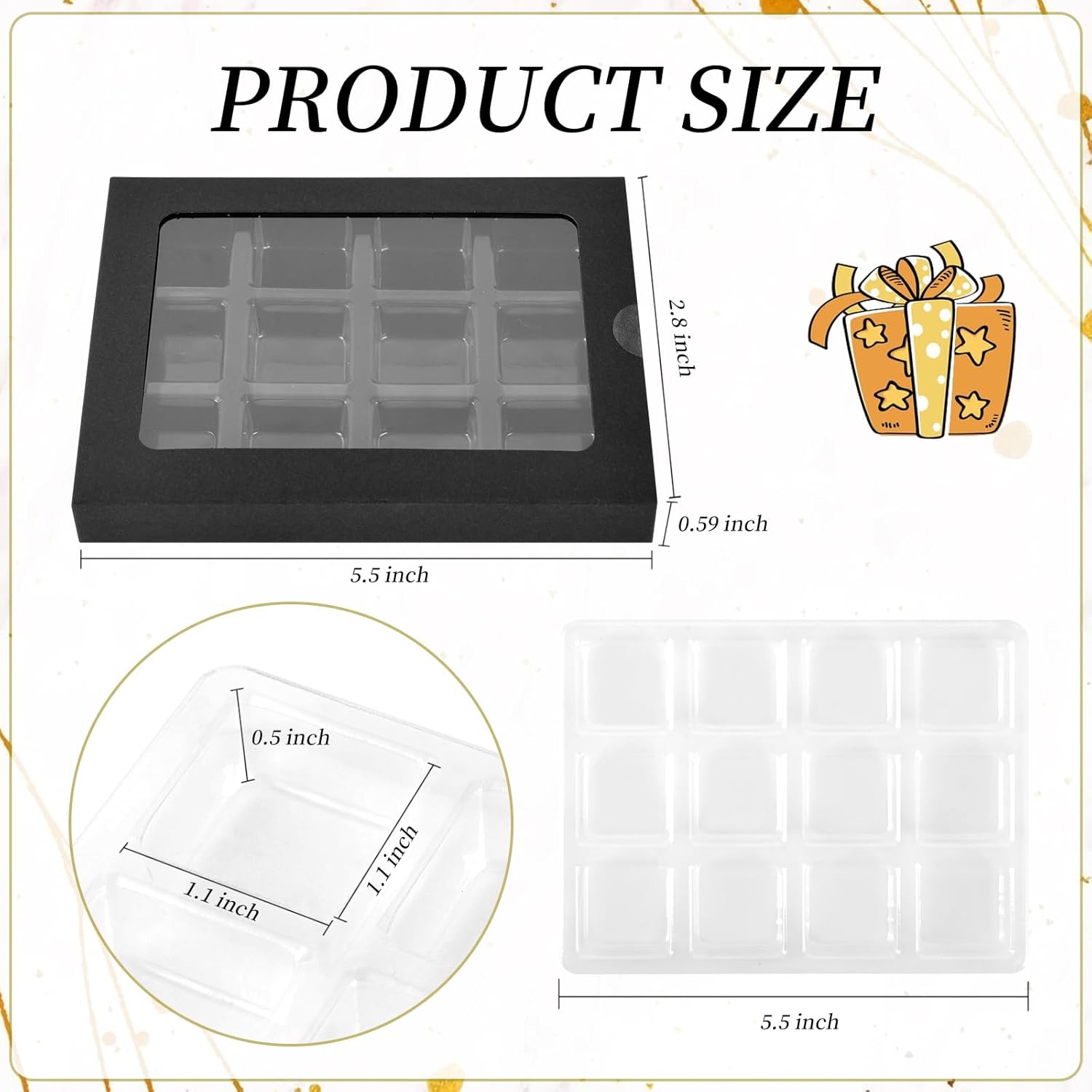 SMAODSGN 50 Pcs Gift Boxes for Wax Melts Plastic Mold With Box Wax Melt Boxes Crystal Clear Wax Melt Molds Wax Melts Containers For Wax Cubes Wax Tarts Wax Block (12 cavity, black)