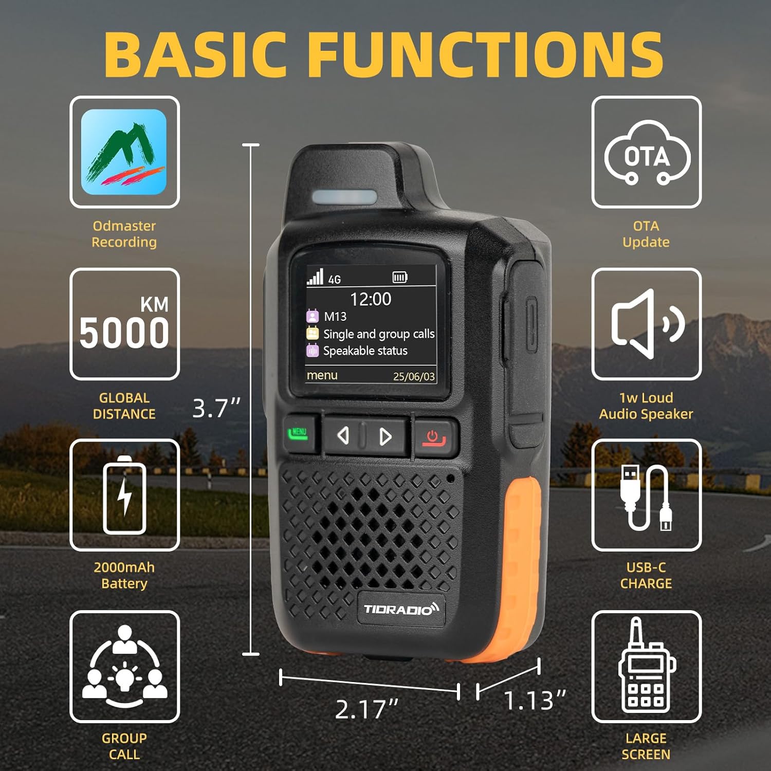 Diagram showing the dimensions and basic functions of the TIDRADIO TD-M13 walkie talkie, including Odmaster Recording, OTA Update, 5000KM Global Distance, 1W Loud Audio Speaker, 2000mAh Battery, USB-C Charge, Group Call, and Large Screen.