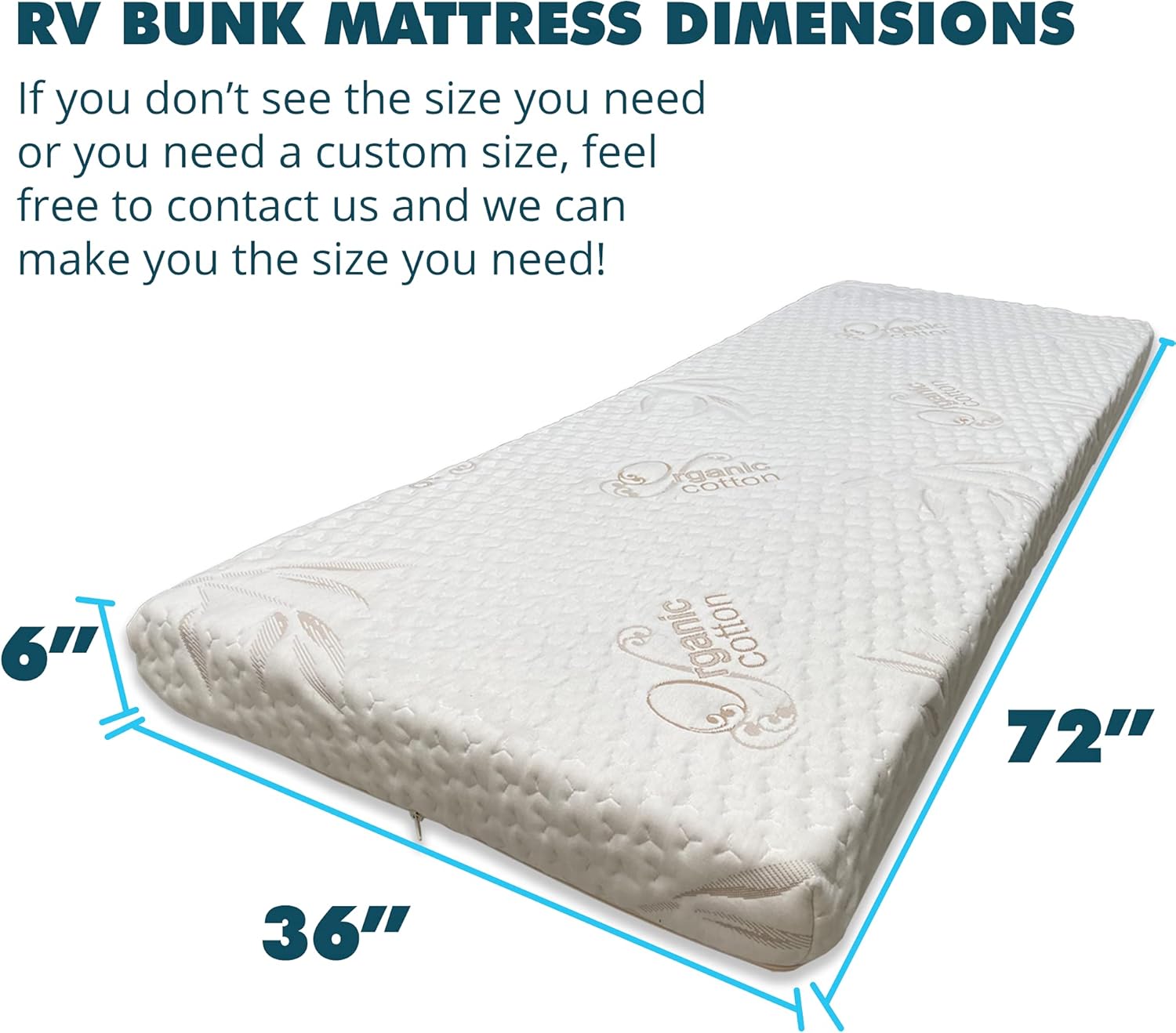 Foamma 6" x 36" x 72" Mattress for RV with Water Resistant Organic Cotton Cover, Firm High Density Foam, USA Made, CertiPUR-US Certified Foam