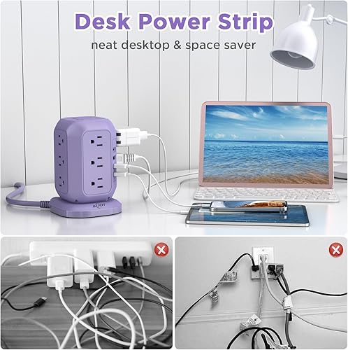 Miniatura 5 de AiJoy - Torre de regleta de alimentación USB C, protector de sobretensiones con 12 salidas de CA y 4 puertos USB, cable de extensión AiJoy de 10