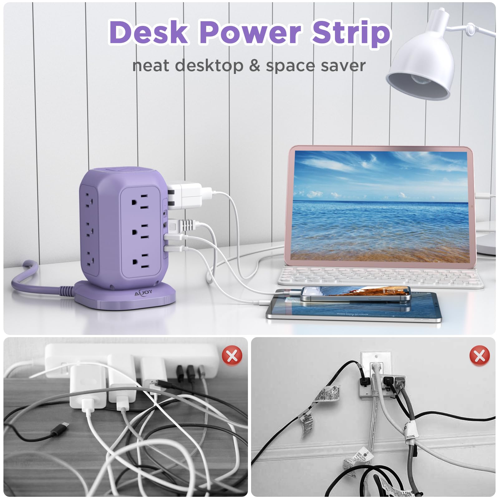 Presa di alimentazione USB C, protezione da sovratensioni con 12 prese CA e 4 porte USB, cavo di prolunga AiJoy da 10 piedi, protezione da sovratensioni per striscia di alimentazione 1200J stazione