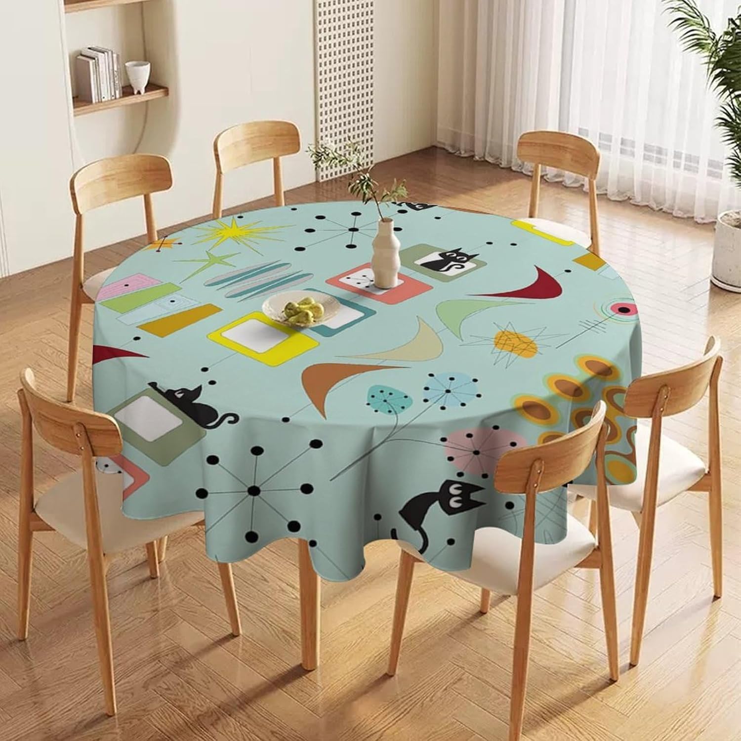 Modern Retro Tablecloth Mid Century Table Cover for Dining Room Kitchen Birthday Party Decorations, Oil-Proof Waterproof Vintage White Table Cover 70x70 Inch Round