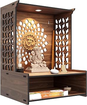 Temple for Home, Mandir for Home, Wooden Pooja Stand with LED Spot Light, Brown, Engineered Wood, Art Deco, Wall Mount, Illuminated, Sturdy Base, Spacious