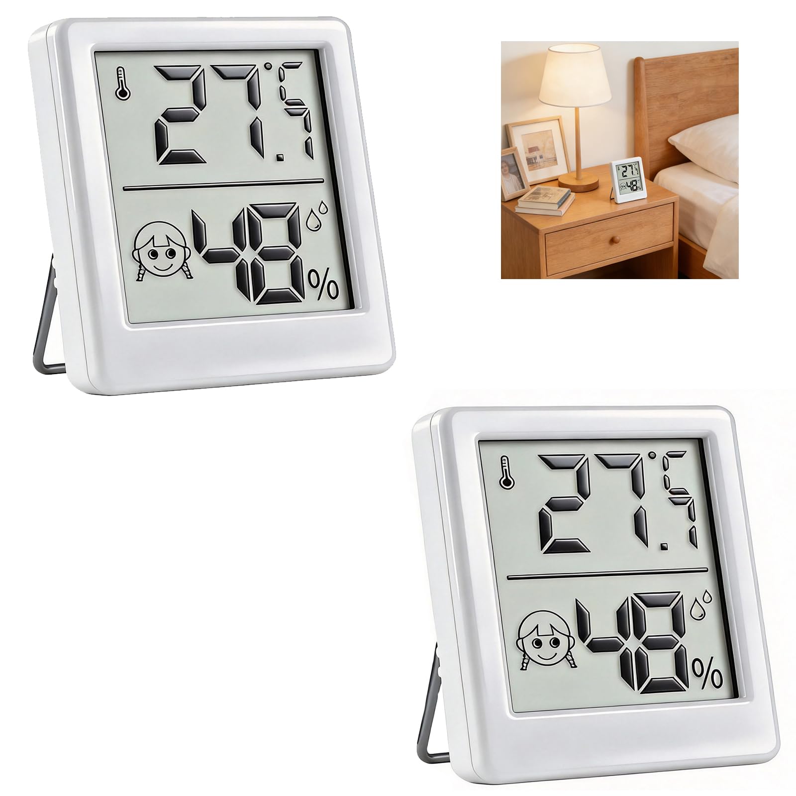 2 PCS Room Thermometer, Digital Room Hygrometer Indoor Thermometer Temperature Monitor Mini Humidity Meter with Comfort Icon LCD Display for Nursery Greenhouse Office Garden Cellar Terrarium (White)