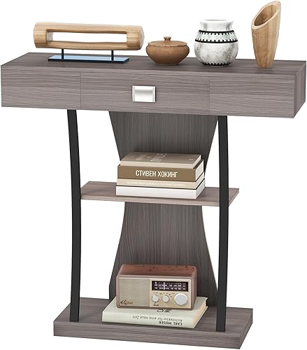 Miniatura 9 de KOTEK Mesa consola con cajón de almacenamiento y estantes, mesa de sofá estrecha de 3 niveles, mesa detrás del sofá, mesa de vestíbulo moderna, mesa