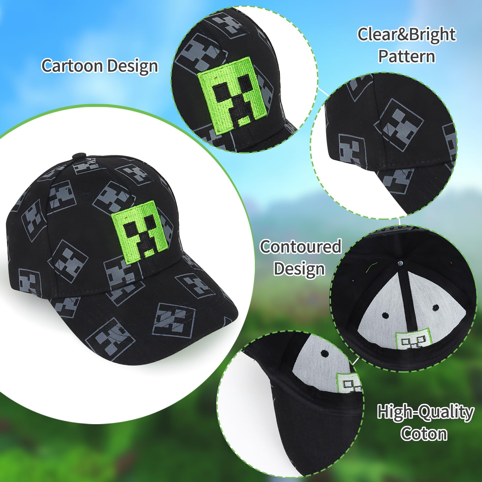 Cartoon Baseball Cap Kinder Snapback Kappe, Jungen Baseballmütze Sonnenmütze, Miner Outdoor Sports Casual Baseballmütze, Pixelig Grid Sonnenhut