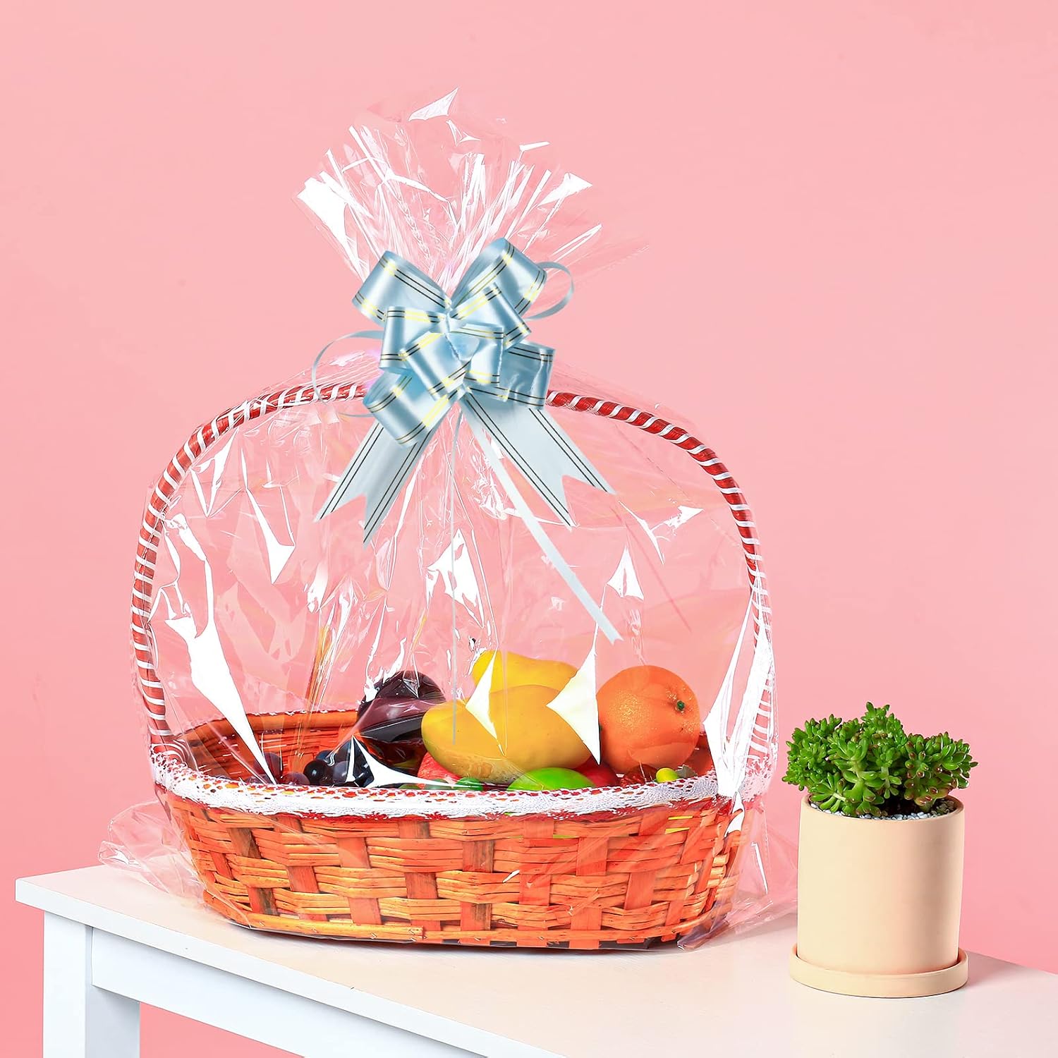 50 Packs Large Cellophane Bags 24" x 30" Clear Cellophane Gift Basket Wraps Extra-large 2.3 Mil Thick Transparent Cello Bags for Fruit Basket, Gift Wrap, Treats, Arts and Crafts, 50ct Ribbon Bows
