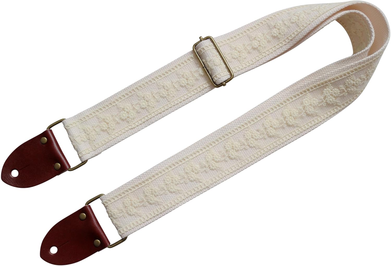 MUSIC FIRST Original Design, 2 inch width (5cm), Cream Lace Electric Guitar Strap Bass Strap With Genuine Leather Strap End (The Leather Made In Italy) (Cream Lace)