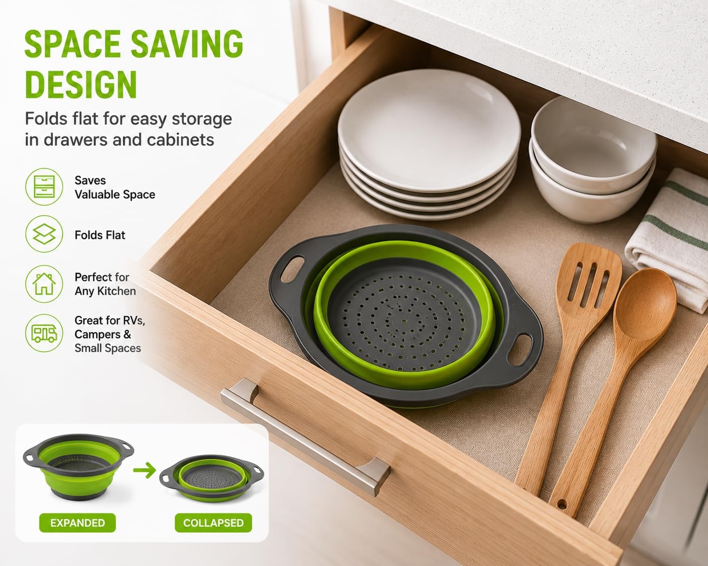 Collapsible Colander Set of 2, Folding Kitchen Strainers, Large & Small Silicone Drain Baskets for Pasta, Fruits and Vegetables