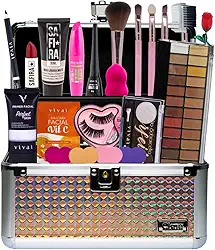 Maleta de Maquiagem Completa com 13 Itens Profissionais Estojo Elegante em Metal Paleta de Sombras Pincéis Cílios Base Premium Top Exclusiva Beleza Sagaro (PELE MORENA)